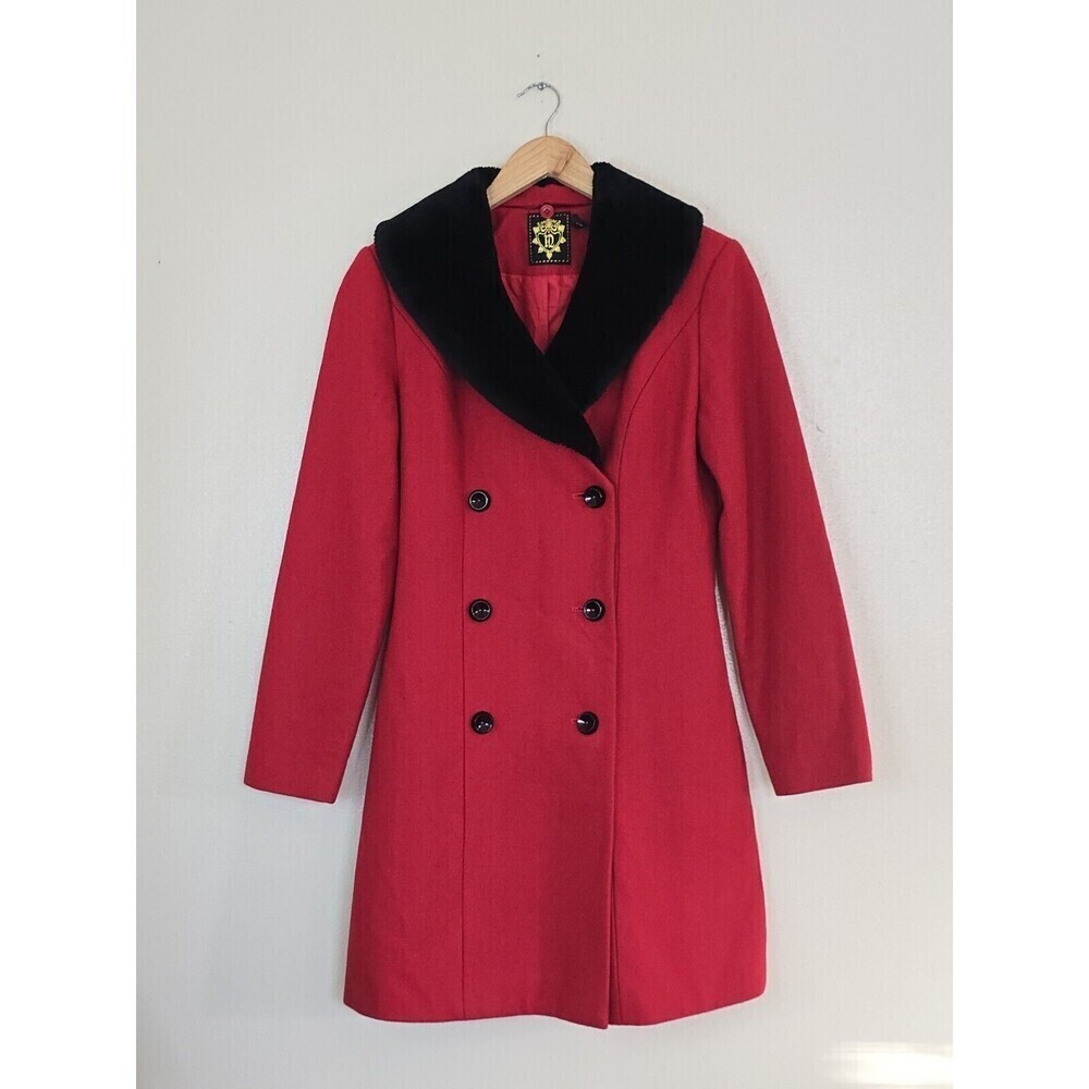NISHE Red Wool Coat Womens Size 4 Black Faux Fur Trim Collar Double Brested